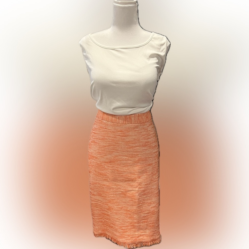 Trina Turk EUC Kumquat Fringe Tweed Pencil Skirt Orange White Size 10